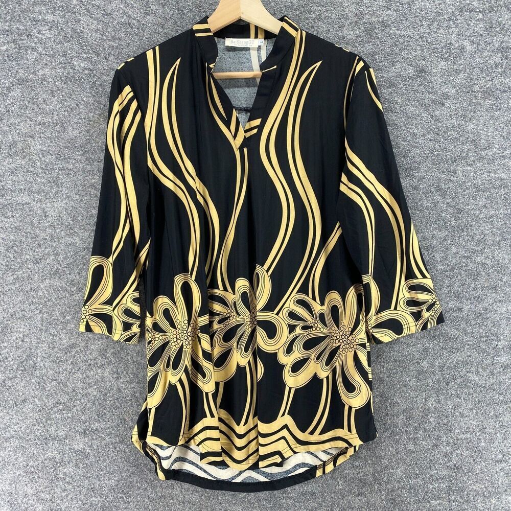 BaiShengGT Blouse L Large Black Geometric V-Neck Long Sleeve Pullover Casual